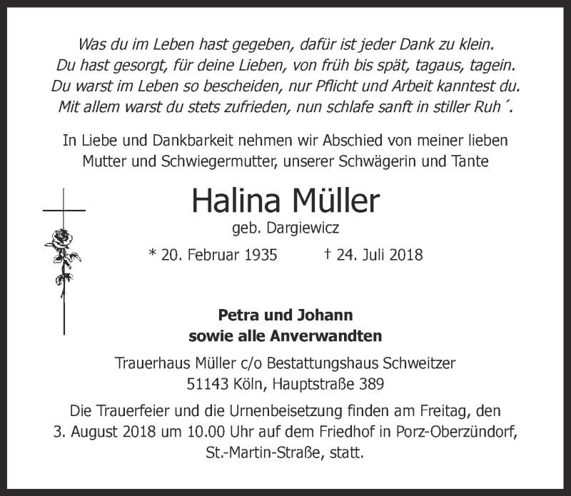  Traueranzeige für Halina Müller vom 01.08.2018 aus  Kölner Wochenspiegel 