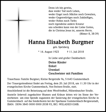 Anzeige von Hanna Elisabeth Burgmer von OB