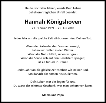 Anzeige von Hannah Königshoven von HS