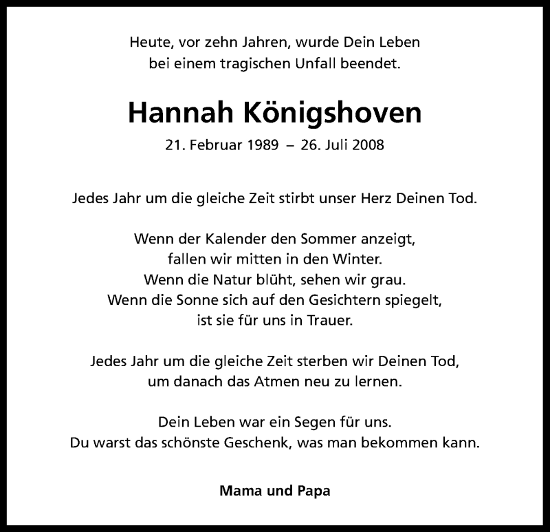  Traueranzeige für Hannah Königshoven vom 26.07.2018 aus HS