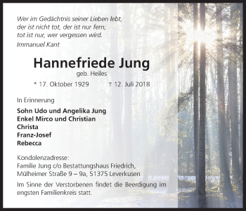 Anzeige von Hannefriede Jung von SLE