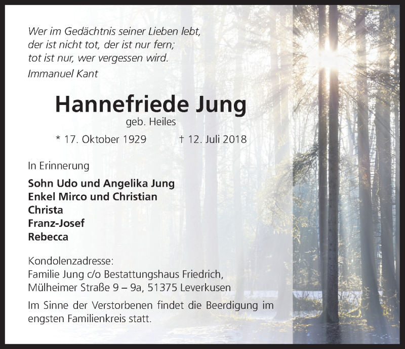  Traueranzeige für Hannefriede Jung vom 21.07.2018 aus SLE