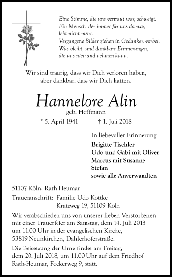 Anzeige von Hannelore Alin von GS