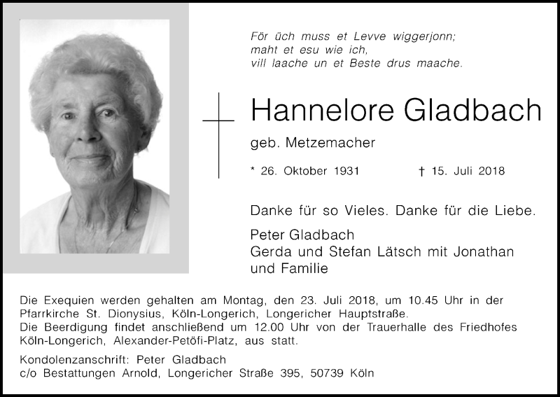 Traueranzeige für Hannelore Gladbach vom 21.07.2018 aus GS