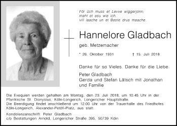 Anzeige von Hannelore Gladbach von GS
