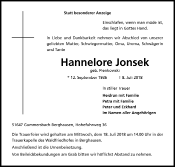 Anzeige von Hannelore Jonsek von OB