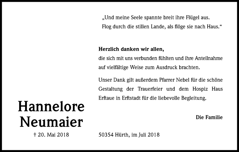  Traueranzeige für Hannelore Neumaier vom 07.07.2018 aus KL
