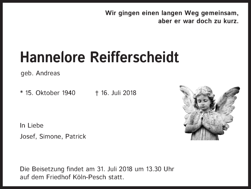  Traueranzeige für Hannelore Reifferscheidt vom 28.07.2018 aus KL