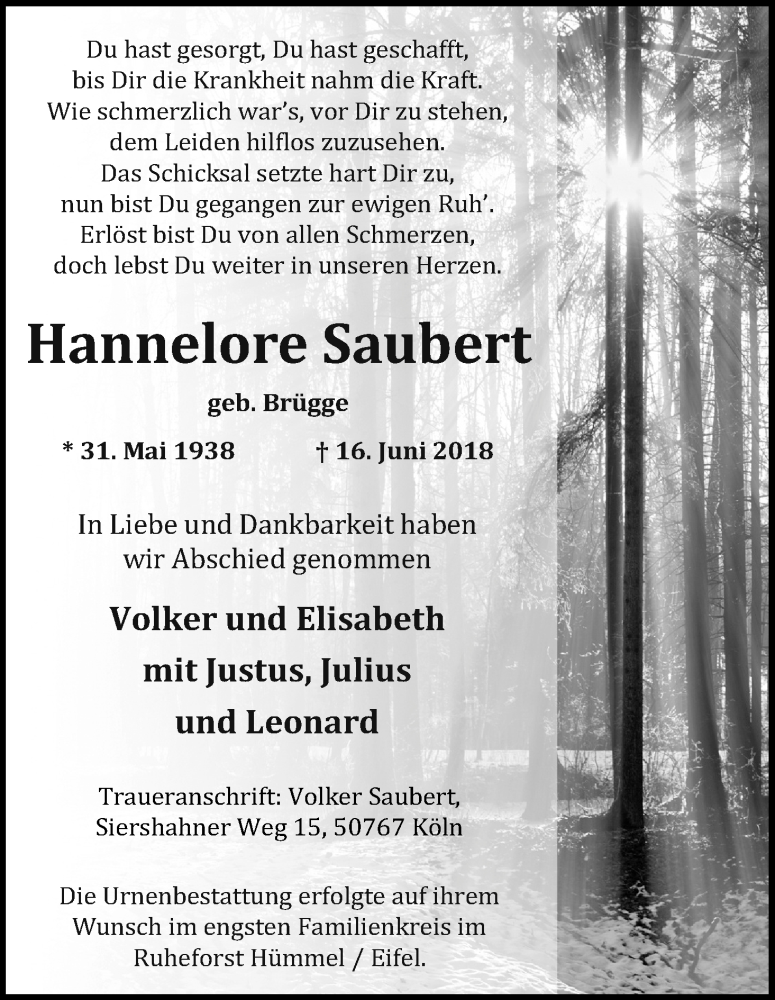  Traueranzeige für Hannelore Saubert vom 14.07.2018 aus GS
