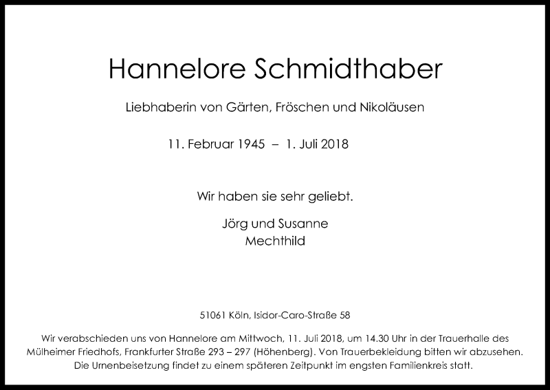  Traueranzeige für Hannelore Schmidthaber vom 07.07.2018 aus GS