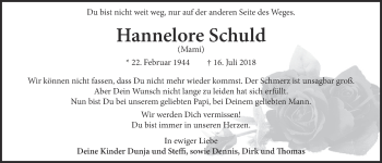 Anzeige von Hannelore Schuld von  Kölner Wochenspiegel 