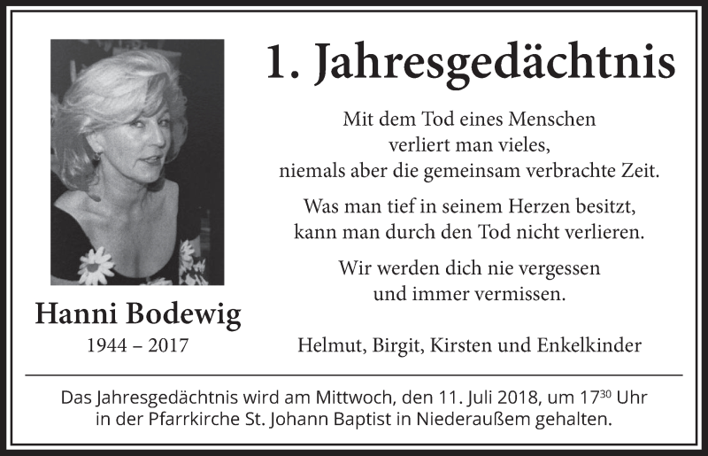  Traueranzeige für Hanni Bodewig vom 11.07.2018 aus  Werbepost 