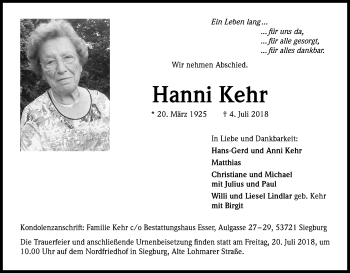 Anzeige von Hanni Kehr von HS