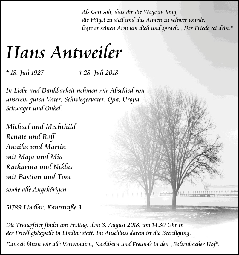  Traueranzeige für Hans Antweiler vom 01.08.2018 aus Kölner Stadt-Anzeiger / Kölnische Rundschau / Express