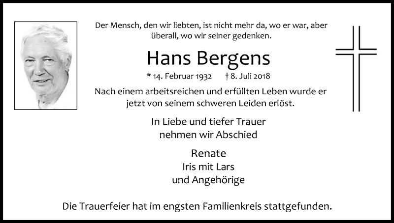  Traueranzeige für Hans Bergens vom 19.07.2018 aus RB