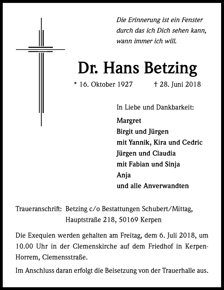  Traueranzeige für Hans Betzing vom 03.07.2018 aus BG