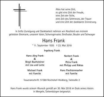Anzeige von Hans Frank von  Anzeigen Echo 