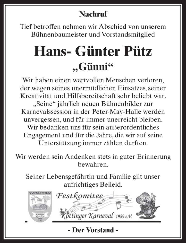  Traueranzeige für Hans-Günter Pütz vom 25.07.2018 aus  Werbepost 