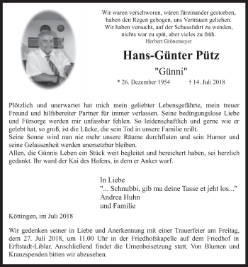 Anzeige von Hans-Günter Pütz von  Werbepost 
