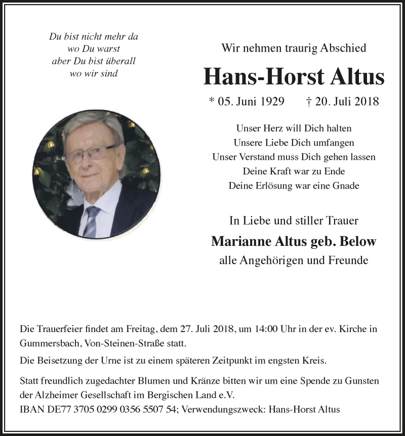  Traueranzeige für Hans-Horst Altus vom 25.07.2018 aus  Anzeigen Echo 