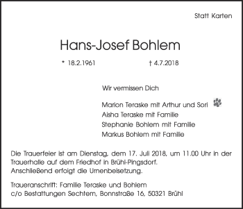 Anzeige von Hans-Josef Bohlem von  Schlossbote/Werbekurier  Werbepost 