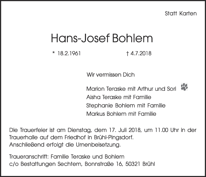  Traueranzeige für Hans-Josef Bohlem vom 11.07.2018 aus  Schlossbote/Werbekurier  Werbepost 
