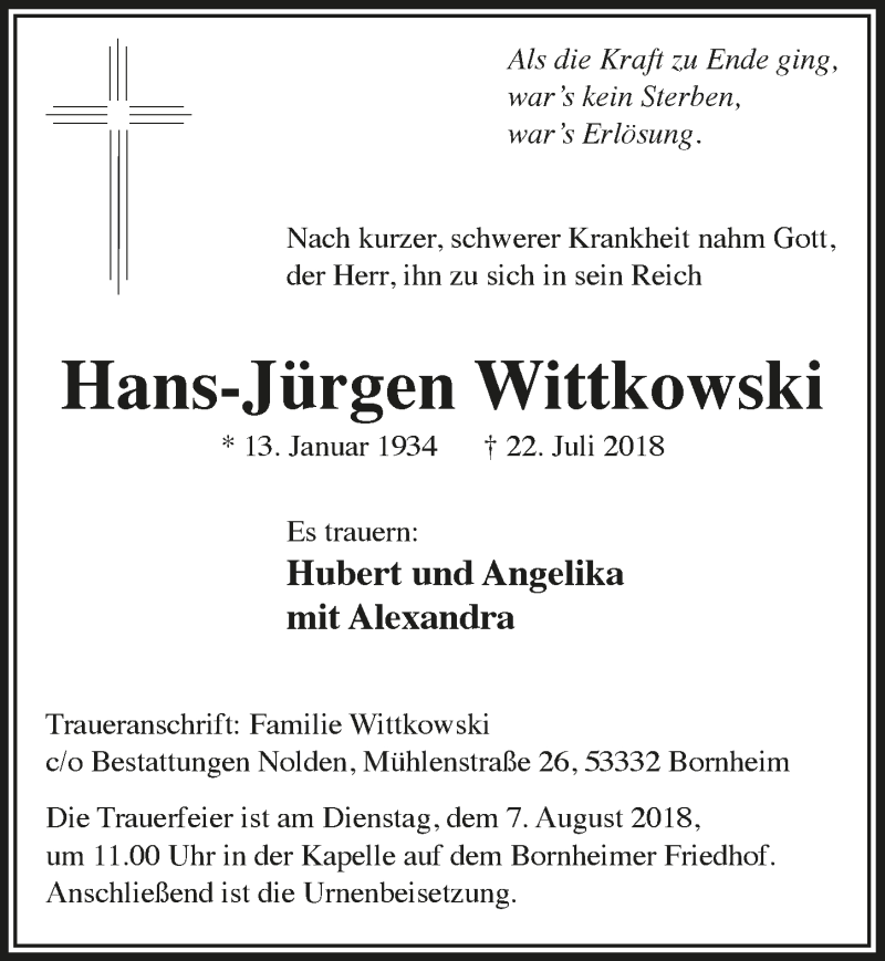  Traueranzeige für Hans-Jürgen Wittkowski vom 01.08.2018 aus  Schaufenster/Blickpunkt 