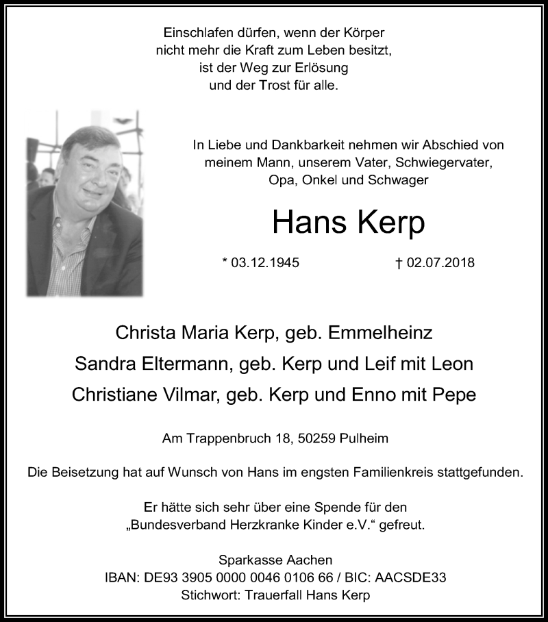  Traueranzeige für Hans Kerp vom 14.07.2018 aus GS