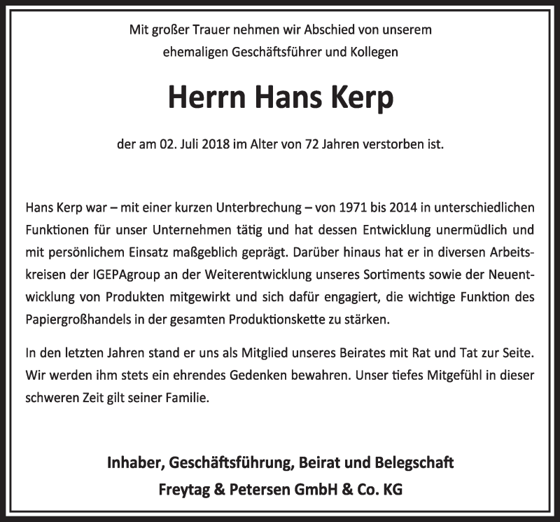  Traueranzeige für Hans Kerp vom 14.07.2018 aus  Sonntags-Post 