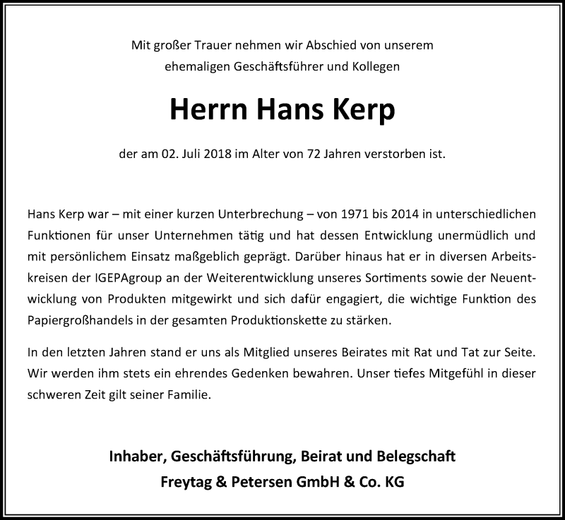  Traueranzeige für Hans Kerp vom 14.07.2018 aus GS