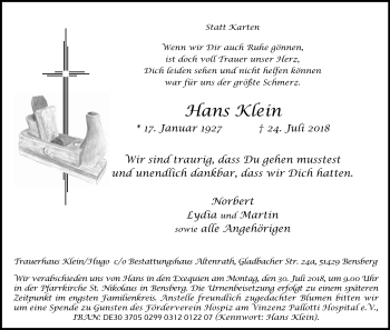 Anzeige von Hans Klein von RB