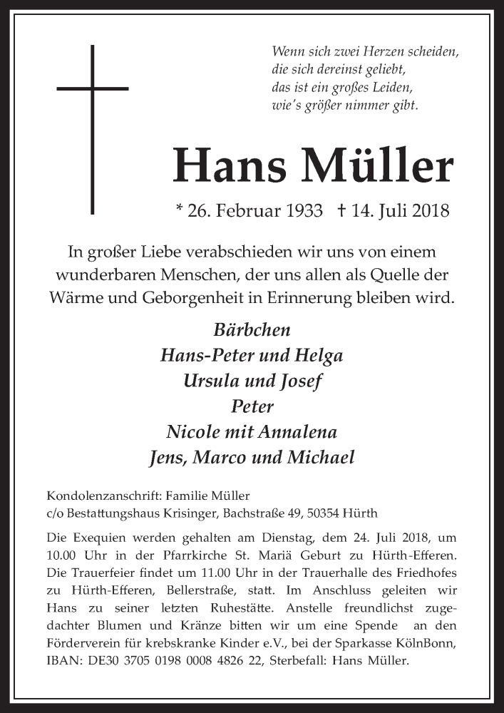  Traueranzeige für Hans Müller vom 18.07.2018 aus  Wochenende 