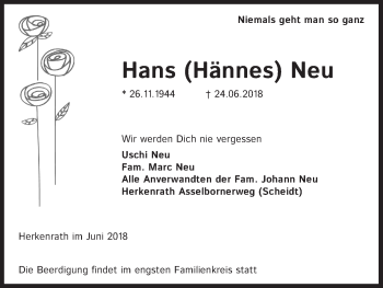 Anzeige von Hans Neu von RB