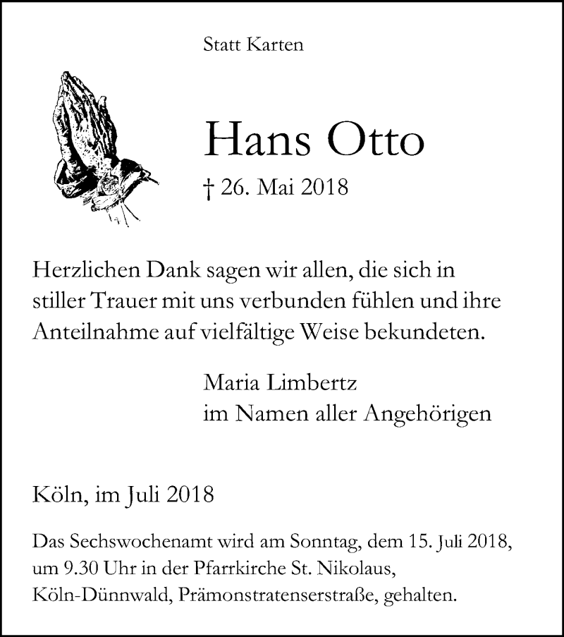  Traueranzeige für Hans Otto vom 07.07.2018 aus GS