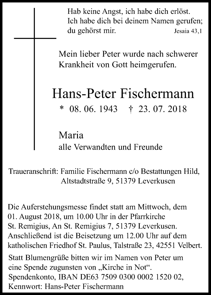  Traueranzeige für Hans-Peter Fischermann vom 28.07.2018 aus SLE