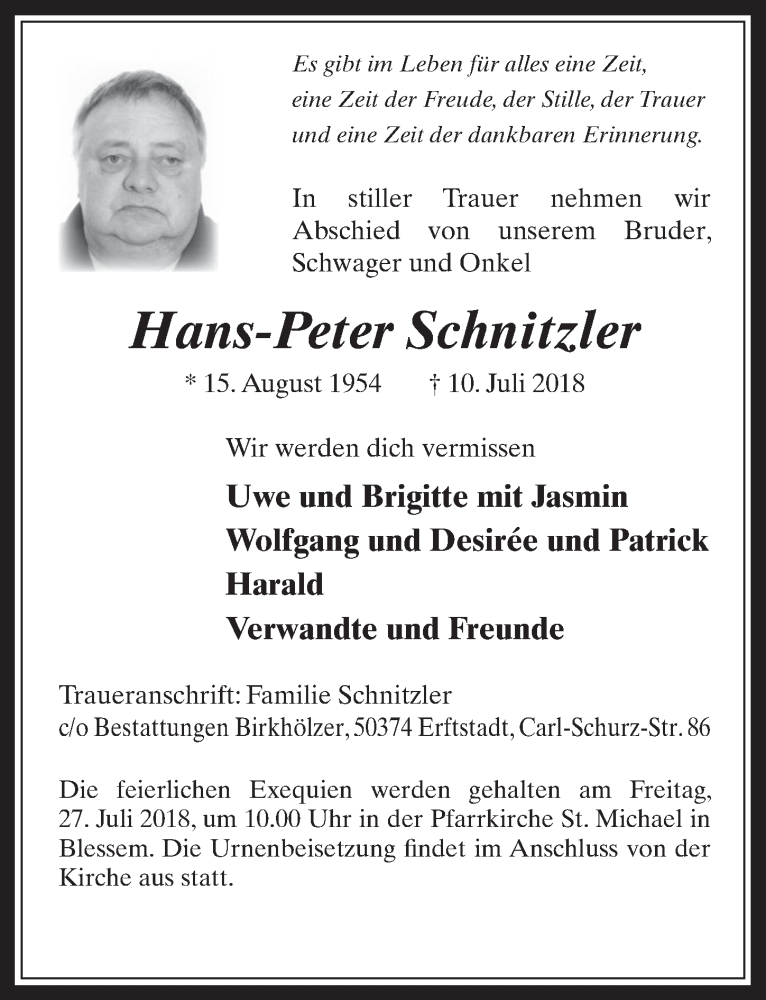  Traueranzeige für Hans-Peter Schnitzler vom 25.07.2018 aus  Werbepost 