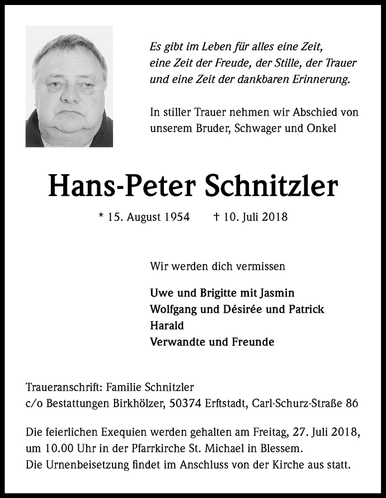  Traueranzeige für Hans-Peter Schnitzler vom 21.07.2018 aus KL