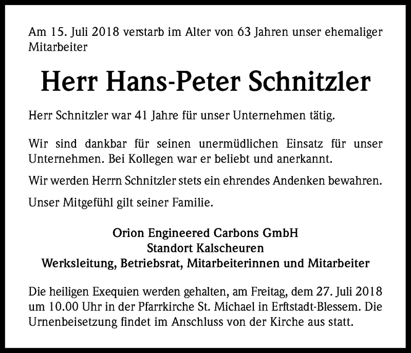  Traueranzeige für Hans-Peter Schnitzler vom 21.07.2018 aus KL