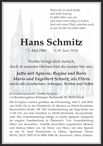Anzeige von Hans Schmitz von  Wochenende 
