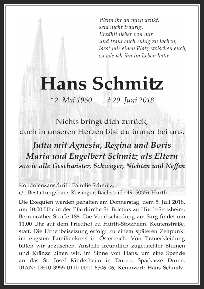  Traueranzeige für Hans Schmitz vom 04.07.2018 aus  Wochenende 