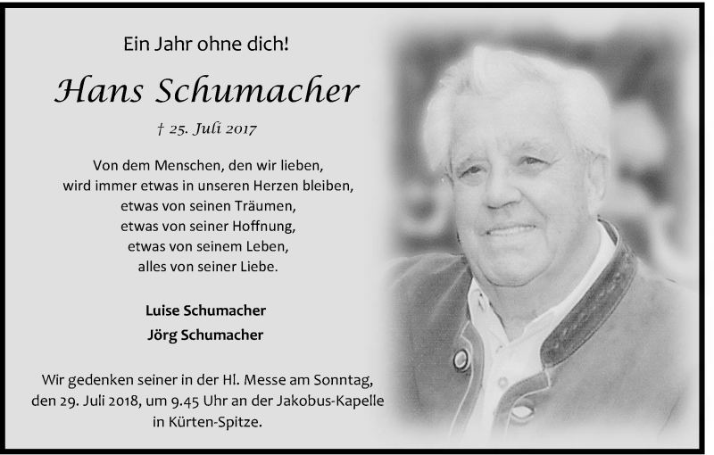  Traueranzeige für Hans Schumacher vom 25.07.2018 aus RB