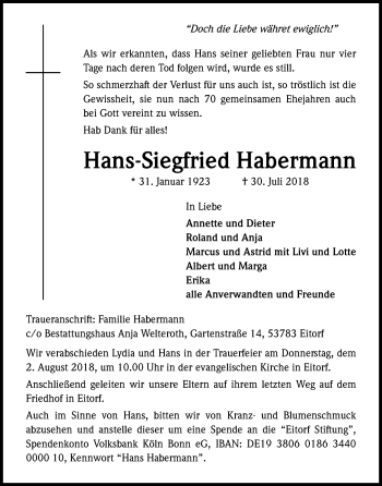 Anzeige von Hans-Siegfried Habermann von Kölner Stadt-Anzeiger / Kölnische Rundschau / Express