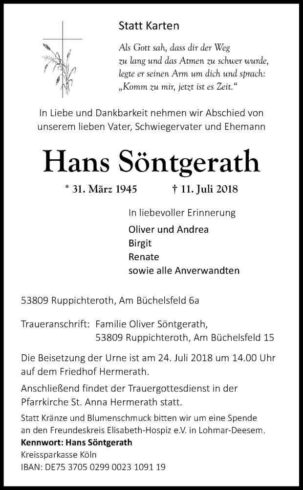  Traueranzeige für Hans Söntgerath vom 20.07.2018 aus HS