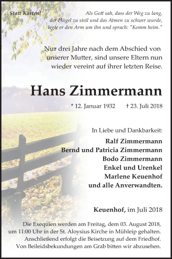 Anzeige von Hans Zimmermann von HS