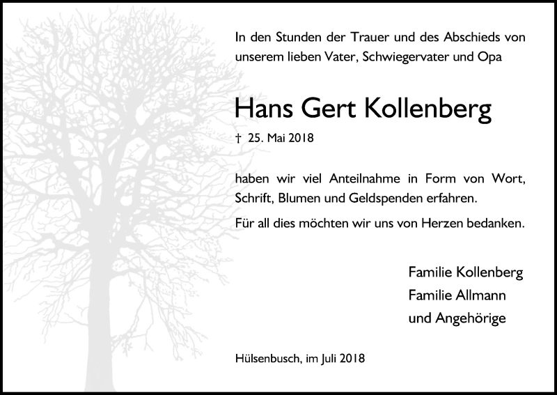  Traueranzeige für Hans Gert Kollenberg vom 24.07.2018 aus OB