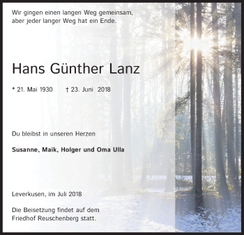 Anzeige von Hans Günther Lanz von SLE