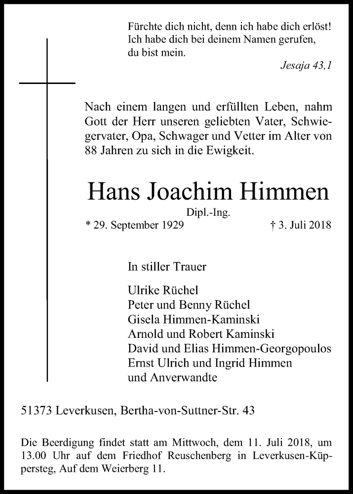  Traueranzeige für Hans Joachim Himmen vom 07.07.2018 aus SLE
