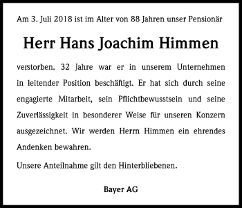 Anzeige von Hans Joachim Himmen von SLE