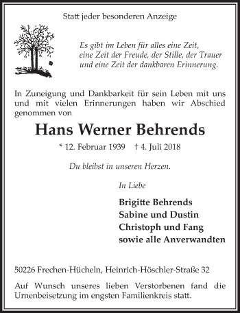 Anzeige von Hans Werner Behrends von  Sonntags-Post 