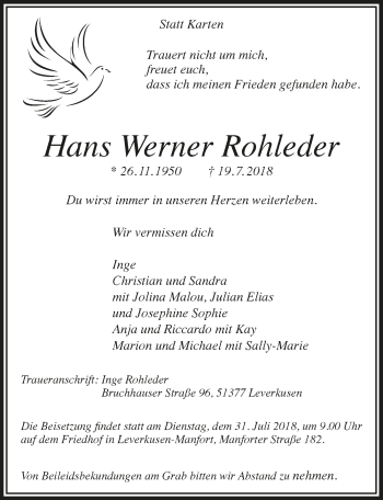 Anzeige von Hans Werner Rohleder von  Leverkusener Wochenende 